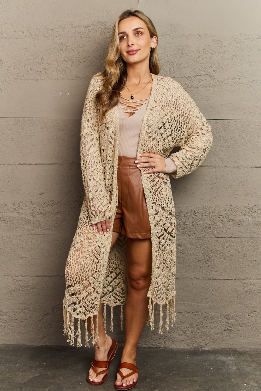 Vintage Fringe Knit Sweater | Boho Wrap Sweater, Khaki / L at Boho Beach Hut