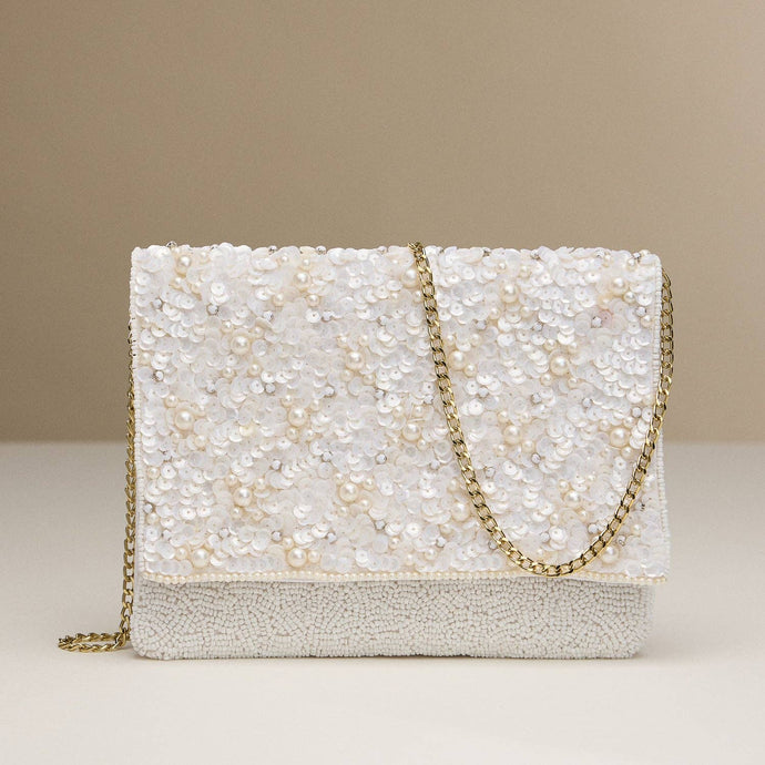 White Pearl & Sequin Beaded Clutch