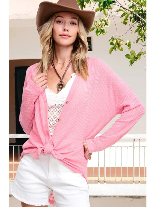 Everyday Waffle Knit Cardigan in Light Pink