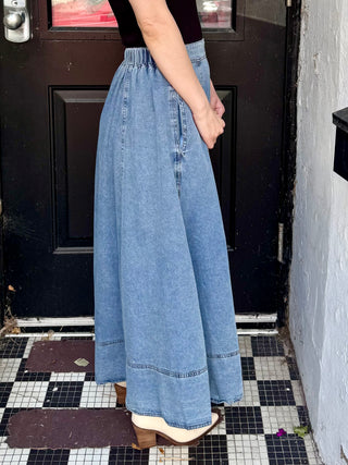 Flare Denim Midi Skirt with Pockets