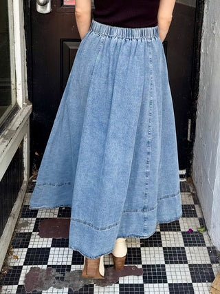Flare Denim Midi Skirt with Pockets