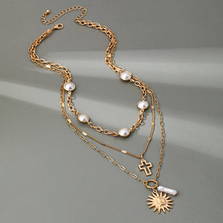 Pearl Sun Cross Charm Necklace