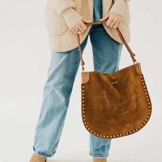 Rosalie Rivet Suede Hobo Bag in Camel