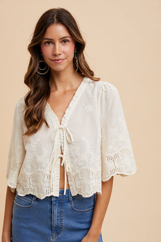 Francesca Floral Embroidery Blouse in Ivory