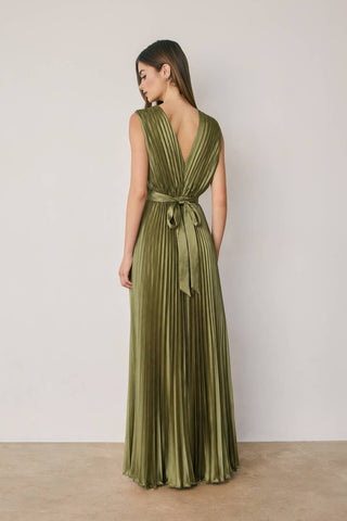 Serena Pleated Maxi Dress in Olive