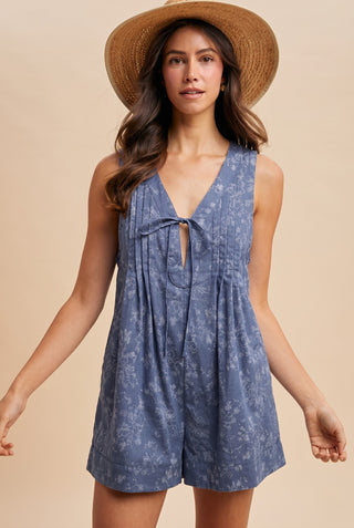 Samantha Floral Pintuck Denim Romper