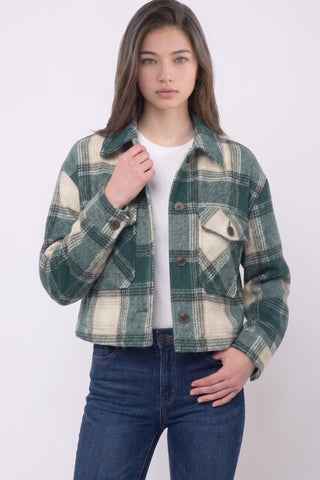 Stevie Plaid Cropped Shacket in Teal Green