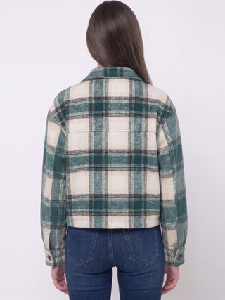 Stevie Plaid Cropped Shacket in Teal Green