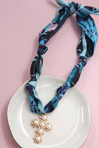 Pearl Cross Scarf Charm Necklace in Blue