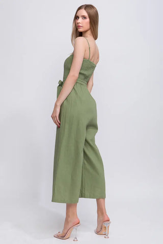 Wide Crop Leg Smocked Top Jumpsuit in Olive