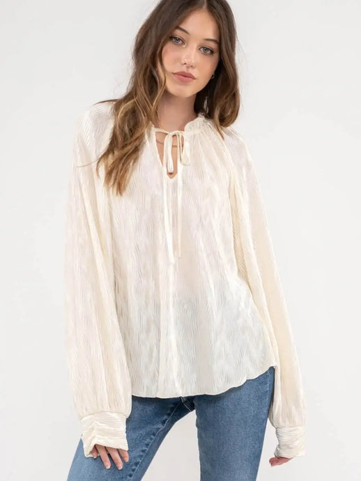 Ezra Plisse Long Sleeve Top in Cream