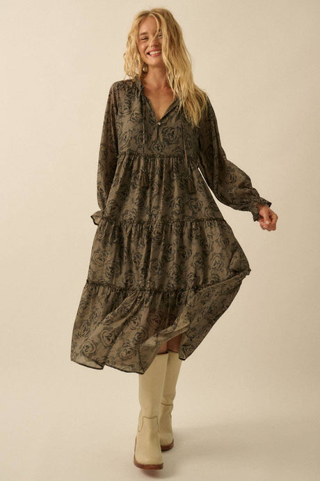 Autumn Floral Tiered Ruffle Midi Dress