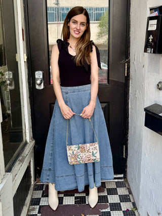 Flare Denim Midi Skirt with Pockets
