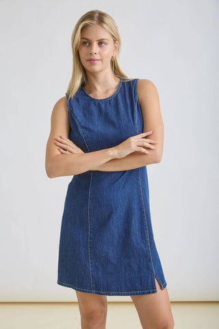 vivian denim mini dress VIVIAN BLUE DENIM MINI DRESS IN BLUE