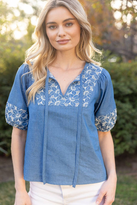 Anna Floral Embroidery Detail Self Tie Top