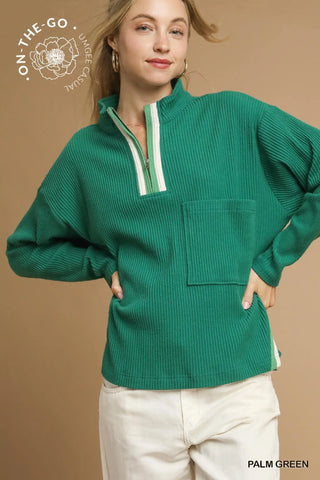 The Cozy Core Zip Pullover in Palm Green