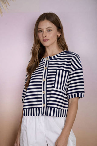 Andrea Button Down Knit Top in Navy