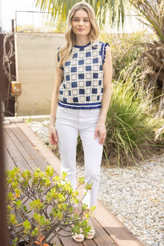 Laina Checkered Floral Embroidered Top