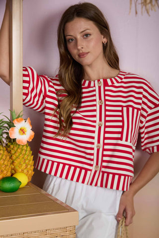 Andrea Button Down Knit Top in Red