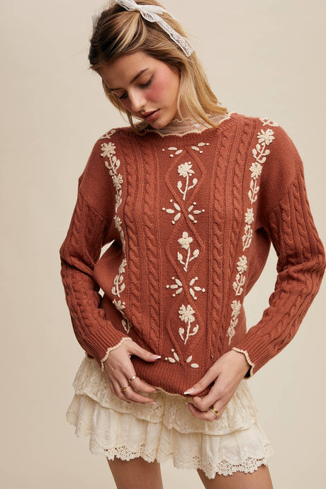 Rory Embroidered Cable Knit Sweater