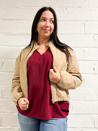 Hello Autumn Quilted Zip Up in Khaki