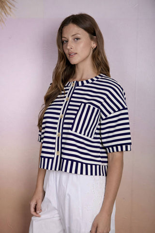 Andrea Button Down Knit Top in Navy