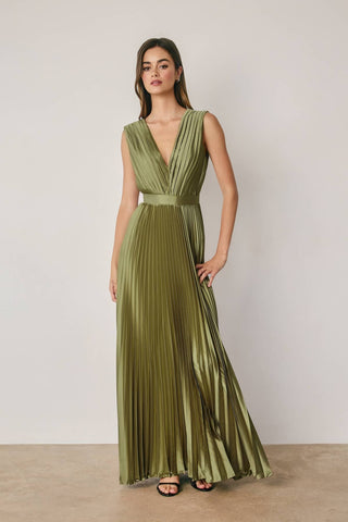 Serena Pleated Maxi Dress in Olive