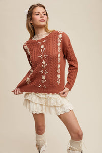 Rory Embroidered Cable Knit Sweater