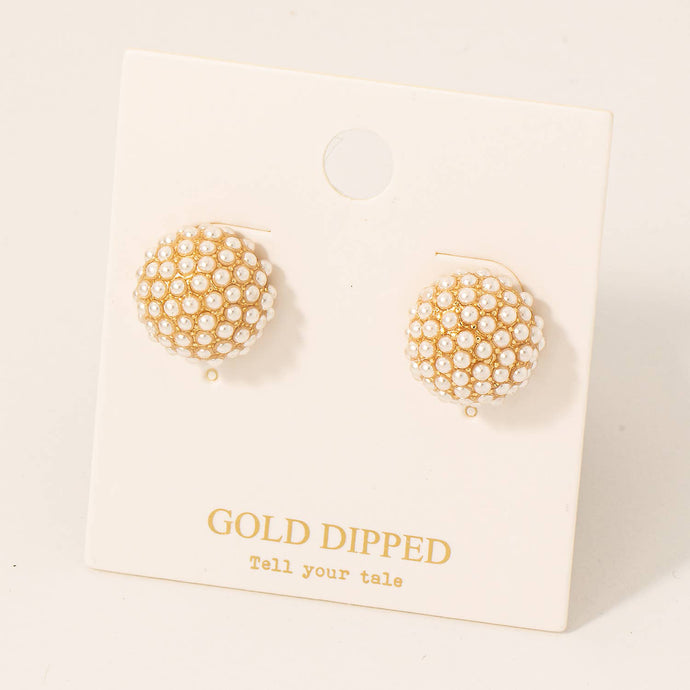 Gold Dipped Large Pearl Pave Dome Stud Earrings