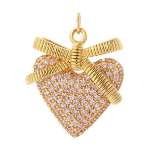 Pink Heart CZ Gold Bow Charm