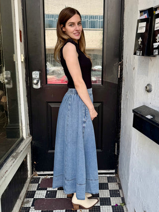 Flare Denim Midi Skirt with Pockets