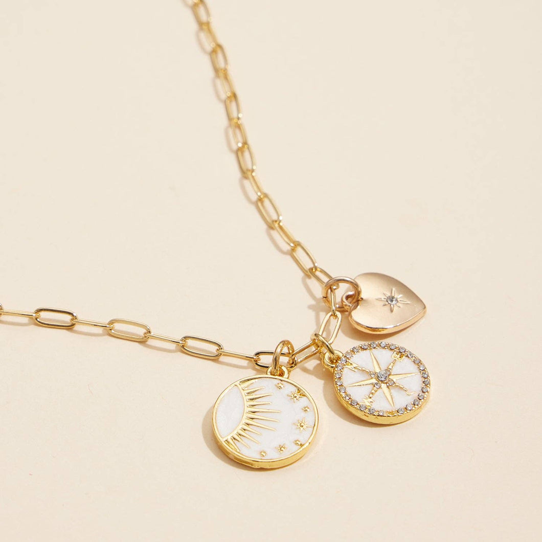 Celestial Charm Necklace with Heart, Sun, and Compass