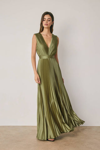 Serena Pleated Maxi Dress in Olive