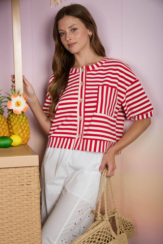 Andrea Button Down Knit Top in Red
