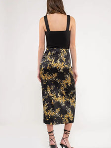 Nellie Rouched Floral Side Slit Midi Skirt