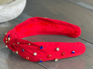 Red, White, and Blue Jeweled Top Knot Red Headband