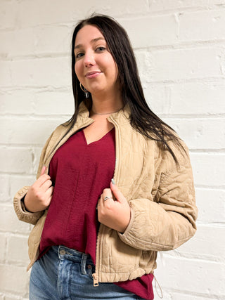 Hello Autumn Quilted Zip Up in Khaki