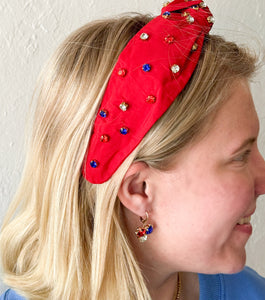 Red, White, and Blue Jeweled Top Knot Red Headband