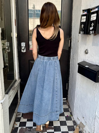 Flare Denim Midi Skirt with Pockets