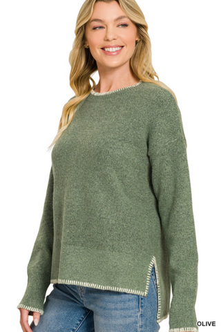 Helena Wool Blen Hi-Low Sweater in Olive