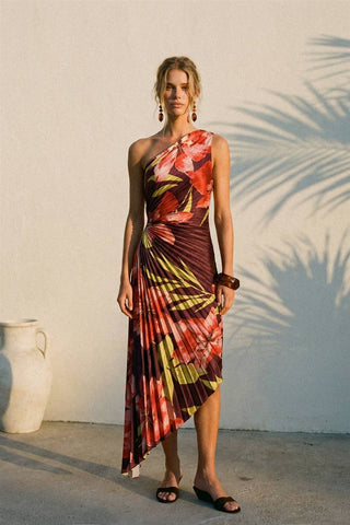 Penelope One Shoulder Pleated Dress