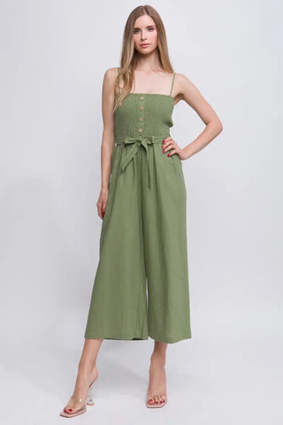 Wide Crop Leg Smocked Top Jumpsuit in Olive