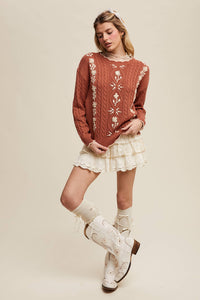 Rory Embroidered Cable Knit Sweater
