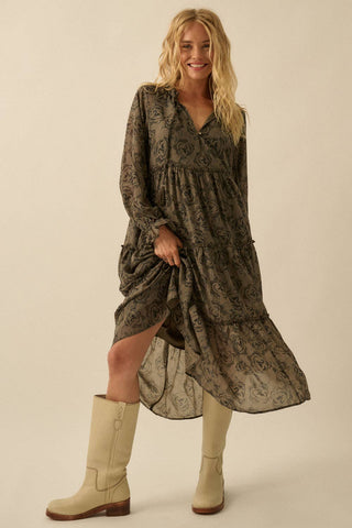Autumn Floral Tiered Ruffle Midi Dress