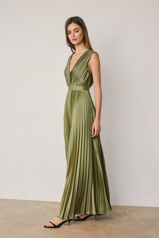 Serena Pleated Maxi Dress in Olive