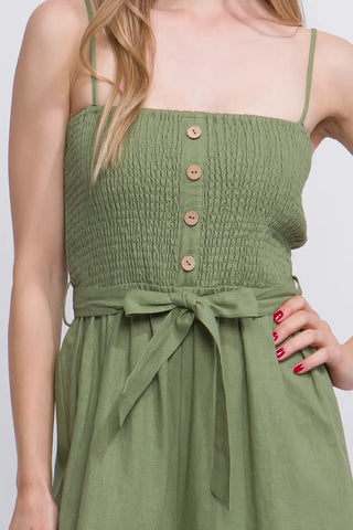 Wide Crop Leg Smocked Top Jumpsuit in Olive