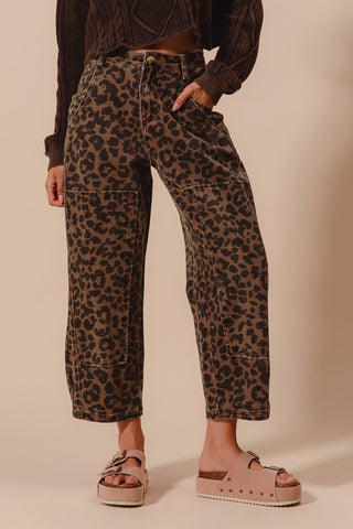Jerry Leopard Print Mid Rise Barrel Jeans