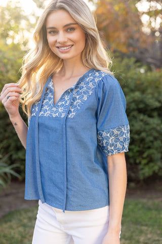 Anna Floral Embroidery Detail Self Tie Top