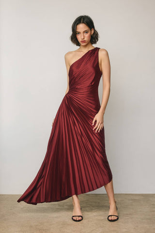 Madison Asymmetrical Pleated Dress in Merlot