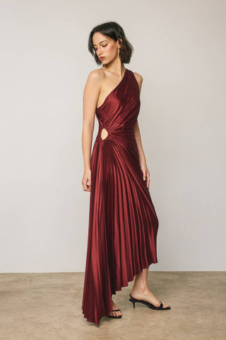 Madison Asymmetrical Pleated Dress in Merlot